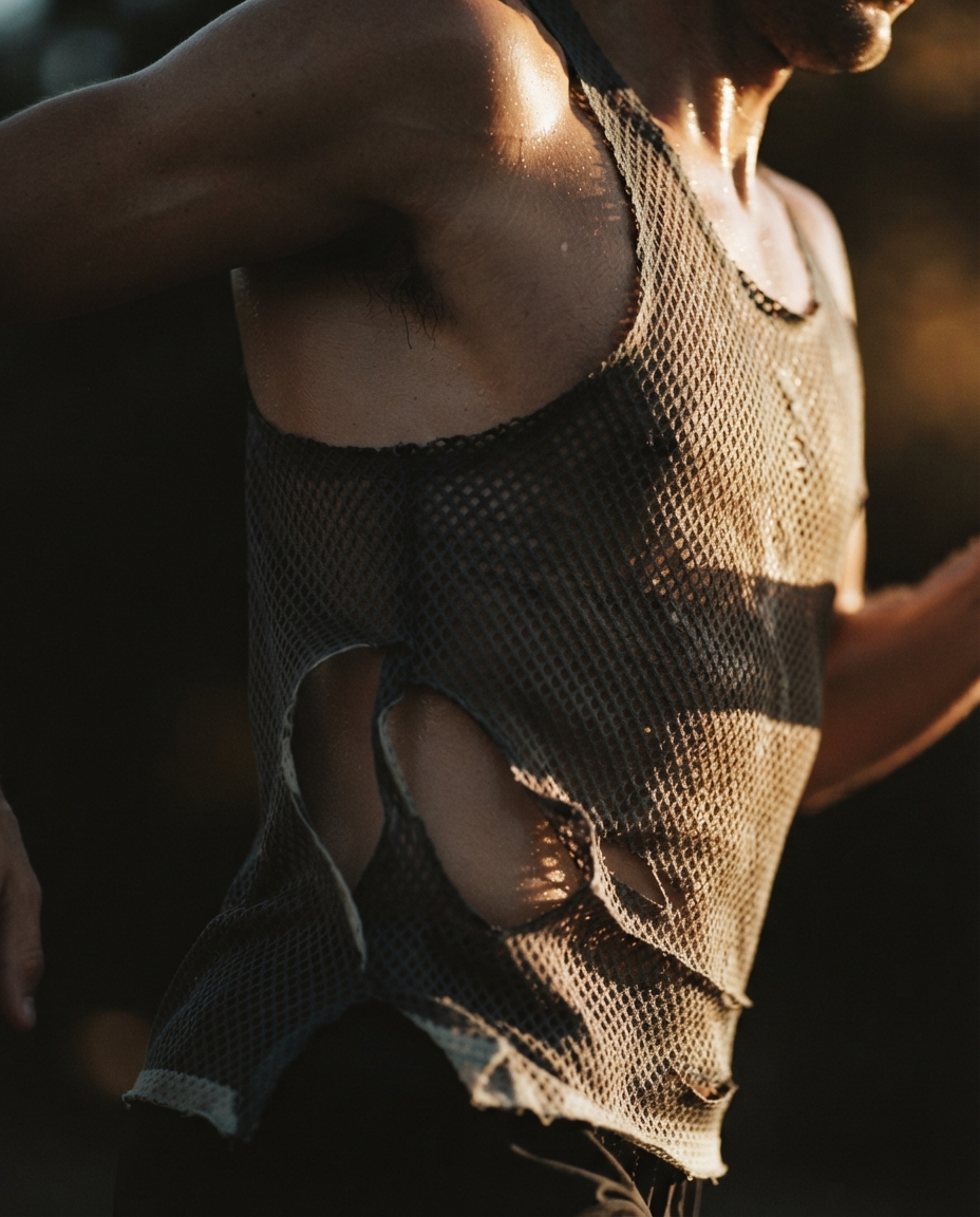 Backlit close crop of an open-weave mesh singlet printing a grid of shadow onto skin