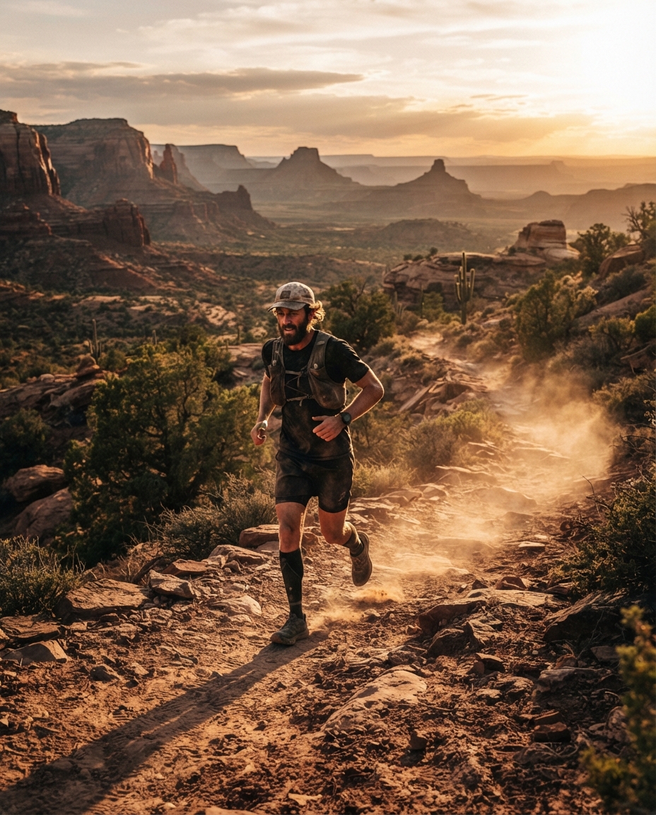 A solo trail runner in the Arizona high desert at golden hour, red mesas behind him