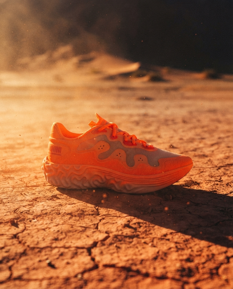 A textured running sneaker resting on cracked terracotta desert clay at golden hour