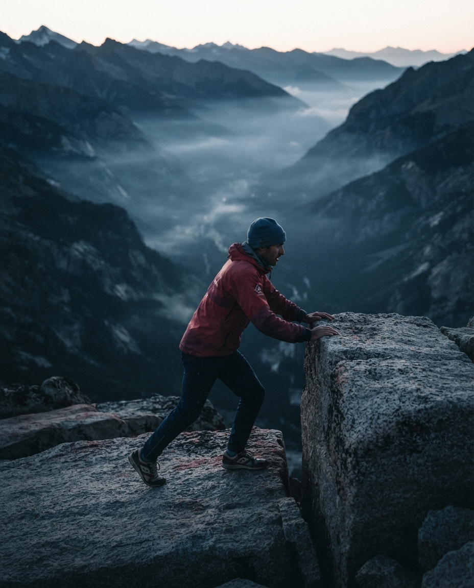 Trail runner cresting a granite alpine ridge at dawn with mist pooling in the valley below
