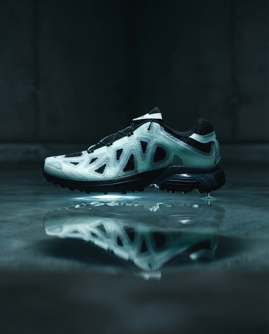 A caged trail sneaker in black mesh and aqua overlays suspended above dark still water.