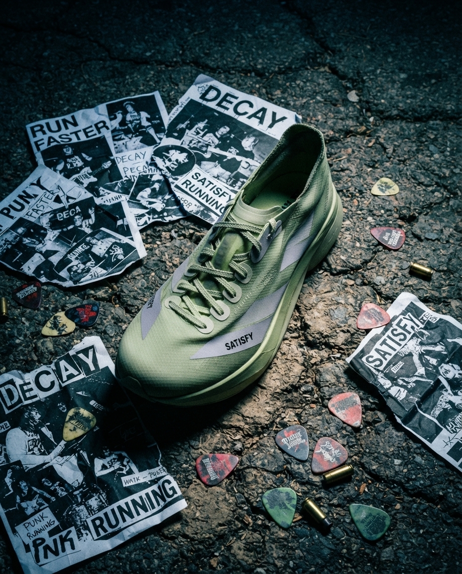 Satisfy × adidas Adios Pro 4 on desert asphalt, flash-lit