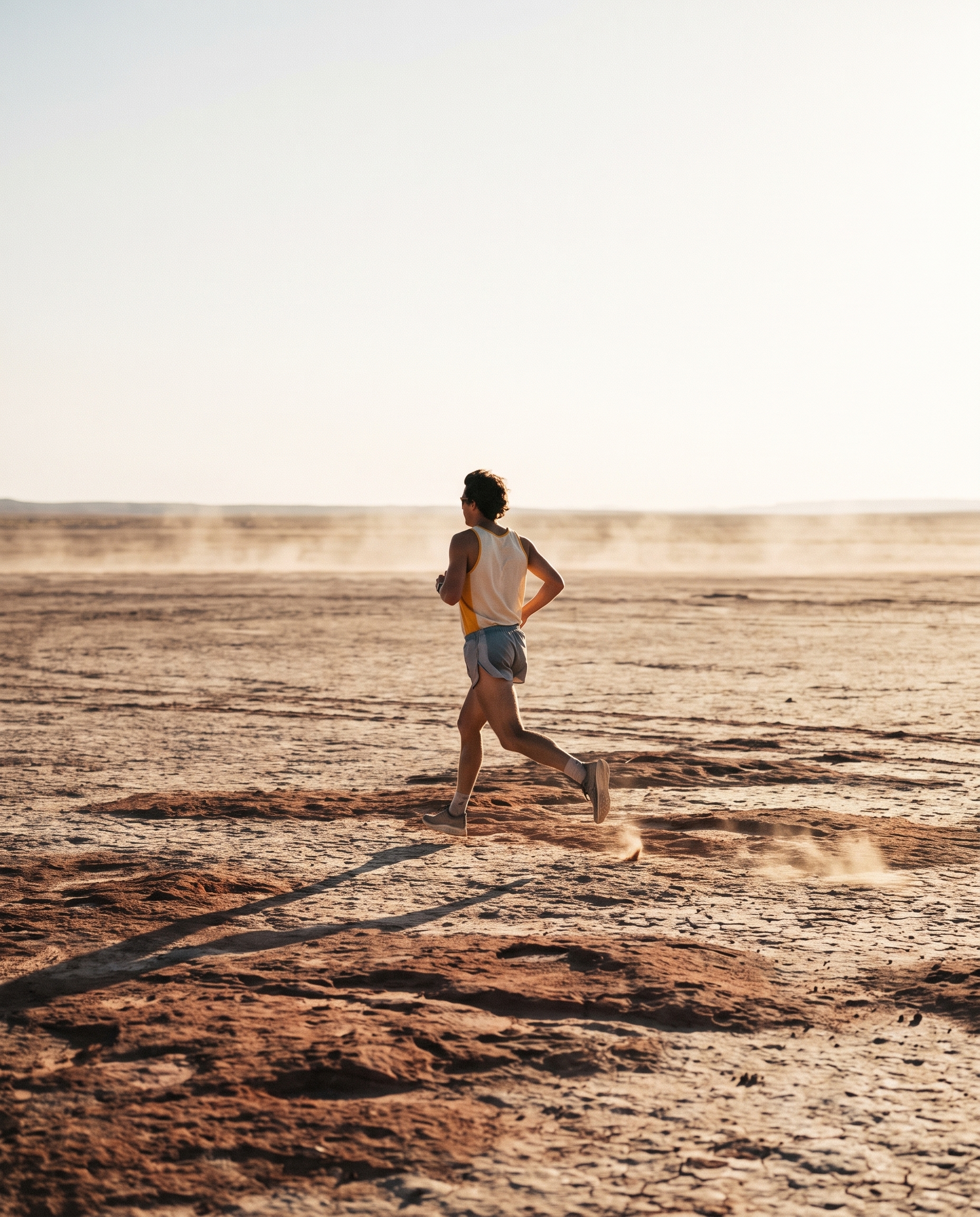 A lone runner crossing a cracked desert flat in bleached late light