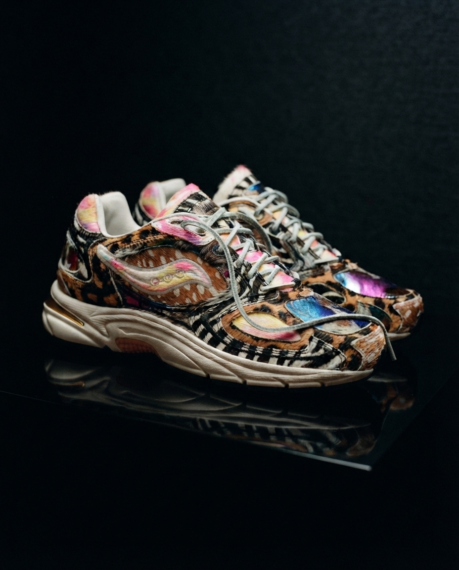A pair of fur covered running sneakers with iridescent panels lit hard on a black reflective surface.