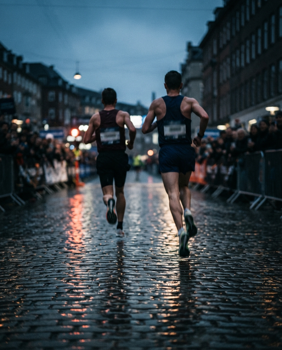 Two blurred road racers sprinting shoulder to shoulder on wet city cobblestones at dusk