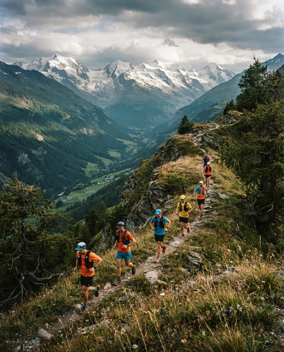 A narrow balcony trail traversing a steep alpine hillside, runners strung along it, snow capped peaks across the valley.