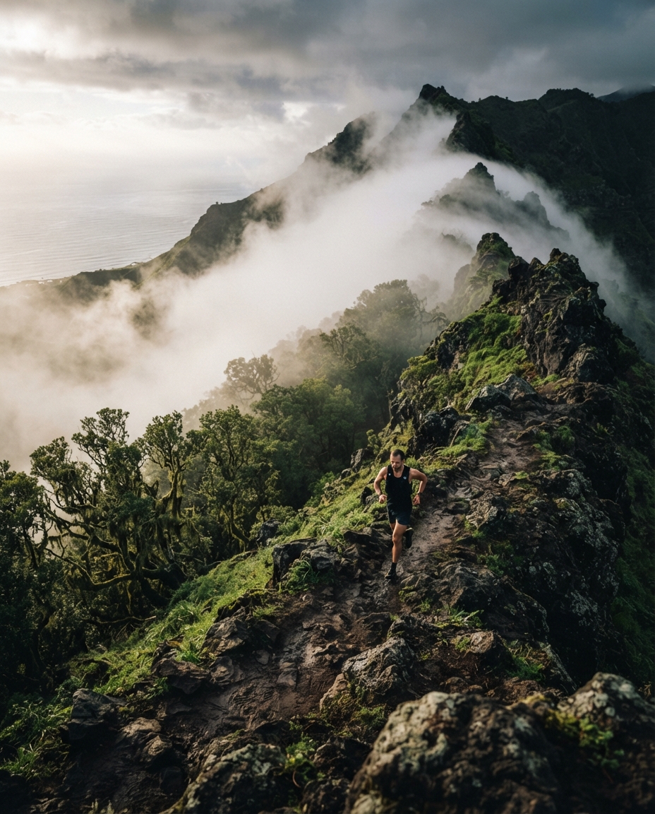 A lone trail runner on a narrow path cut into a steep volcanic ridge above laurel forest and cloud.