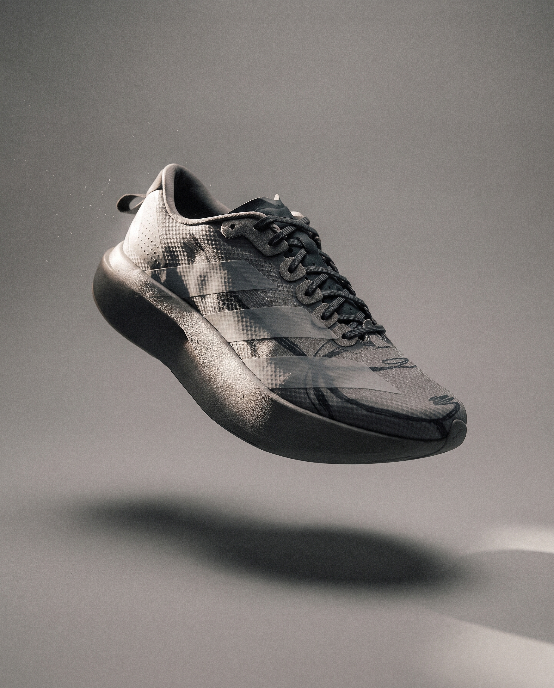 A tonal grey mesh racing shoe lit side-on against a dove grey studio backdrop.