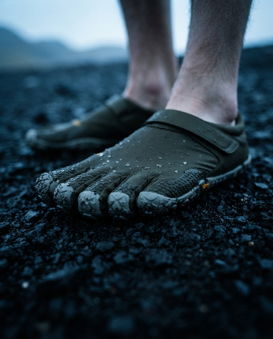 Technical utilitarian footwear on wet black volcanic gravel under cold overcast light
