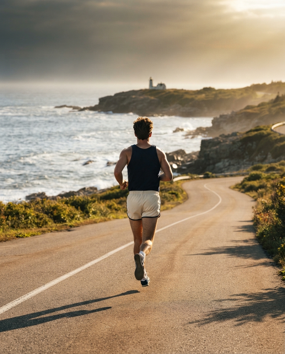 A lone runner cresting a Maine coastal road at golden hour with a lighthouse on the distant headland