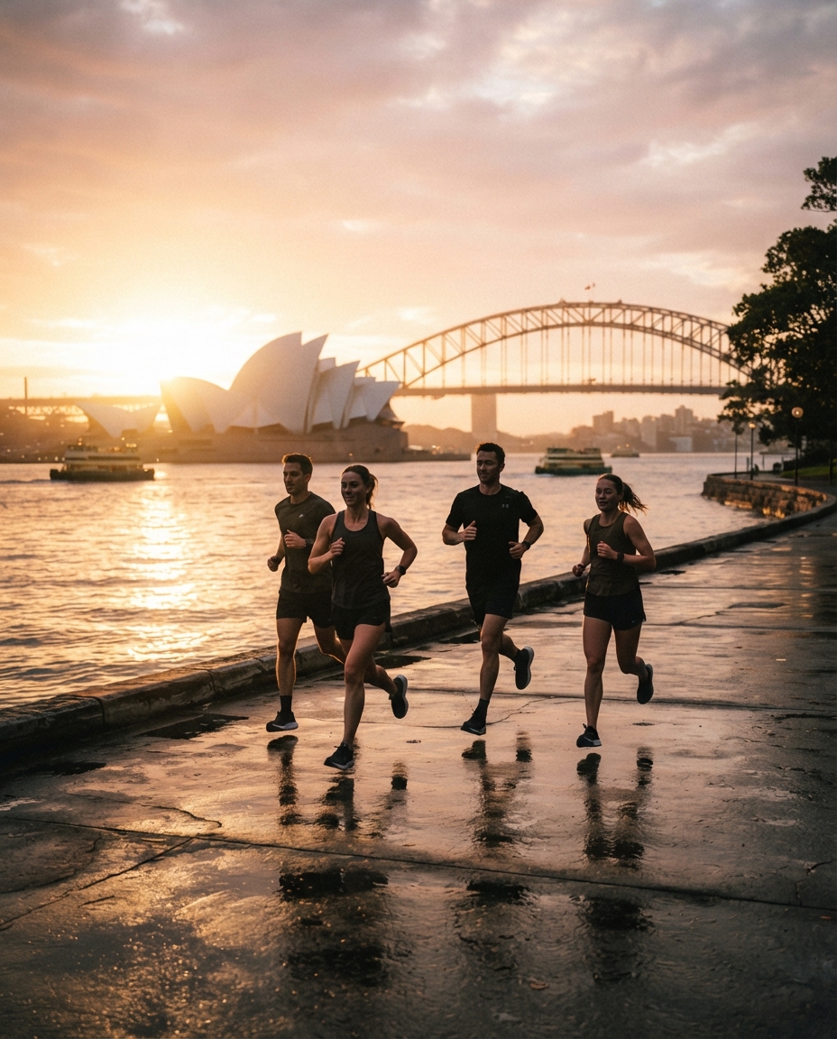 Runners at golden dawn on the Sydney Harbour foreshore with the opera house and bridge in warm morning haze