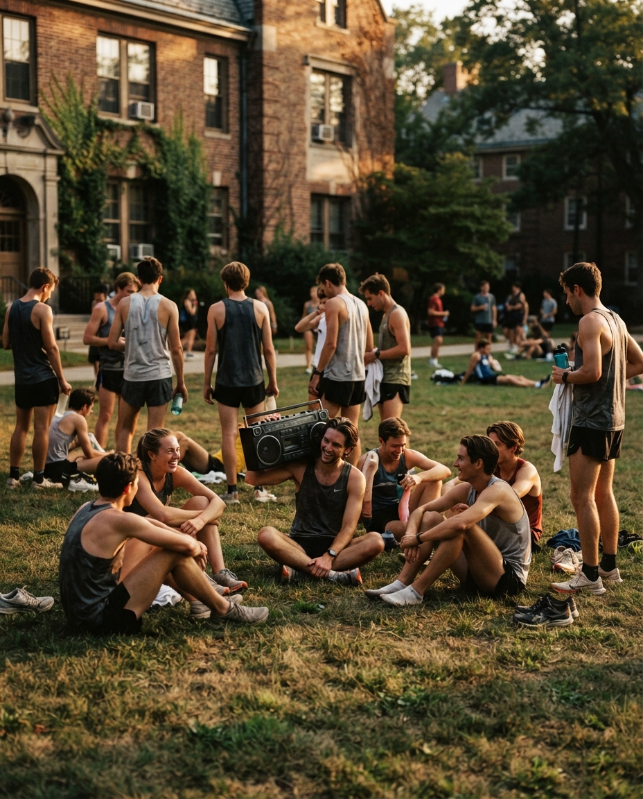 A loose crowd of young runners in mismatched kit on a campus lawn in late golden light, seen from behind and in profile