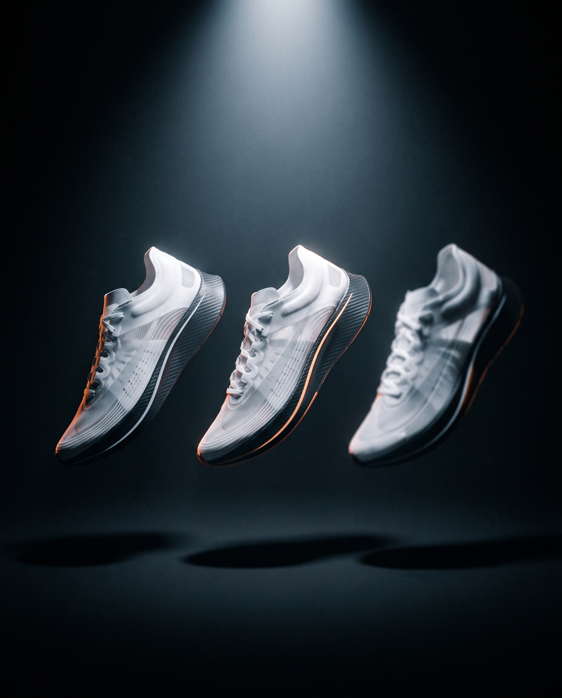 Three nearly identical ultralight racing flats lined up in a dark void under a single hard spotlight