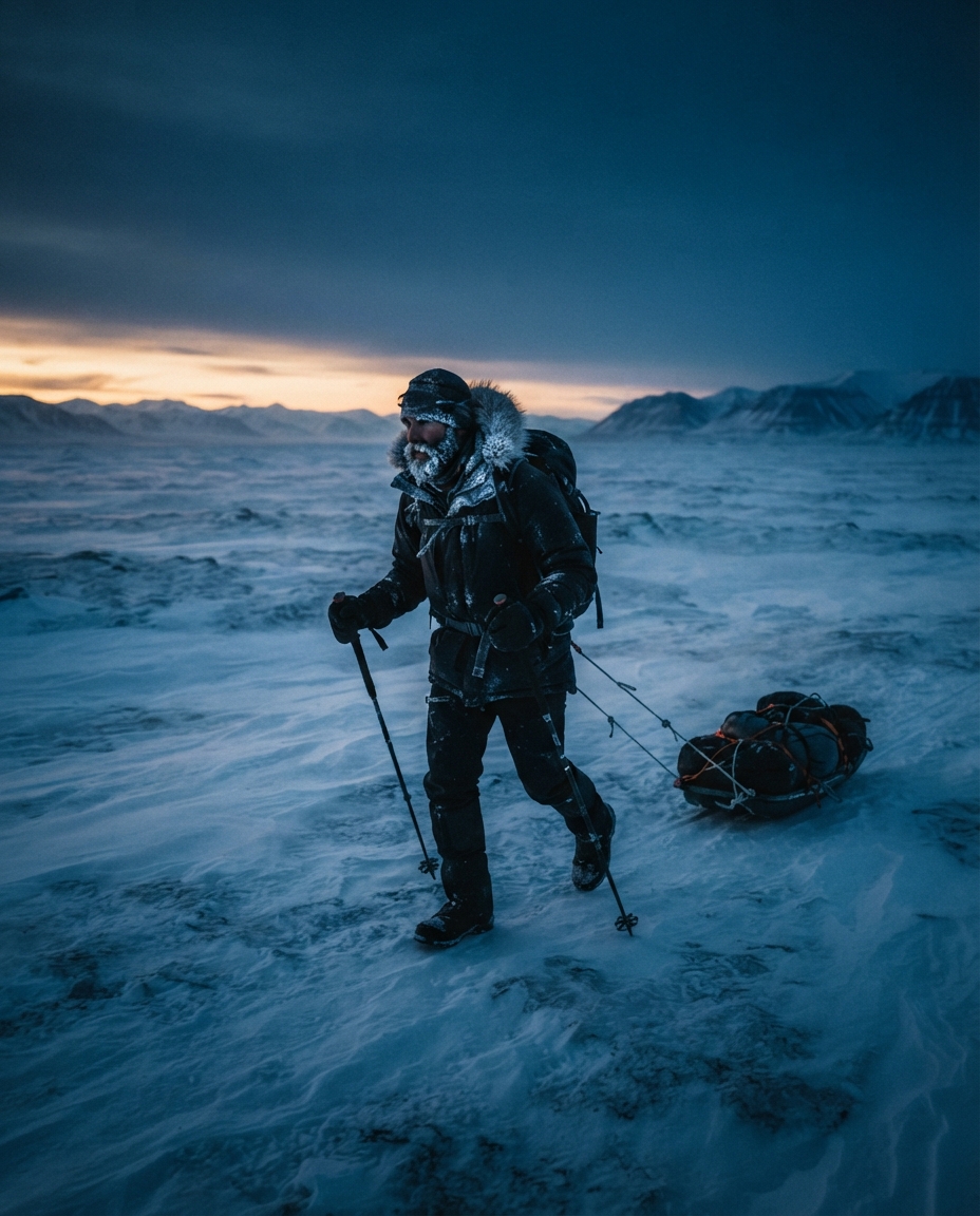 A lone runner crossing a frozen arctic plain at blue hour, dragging a small sled.