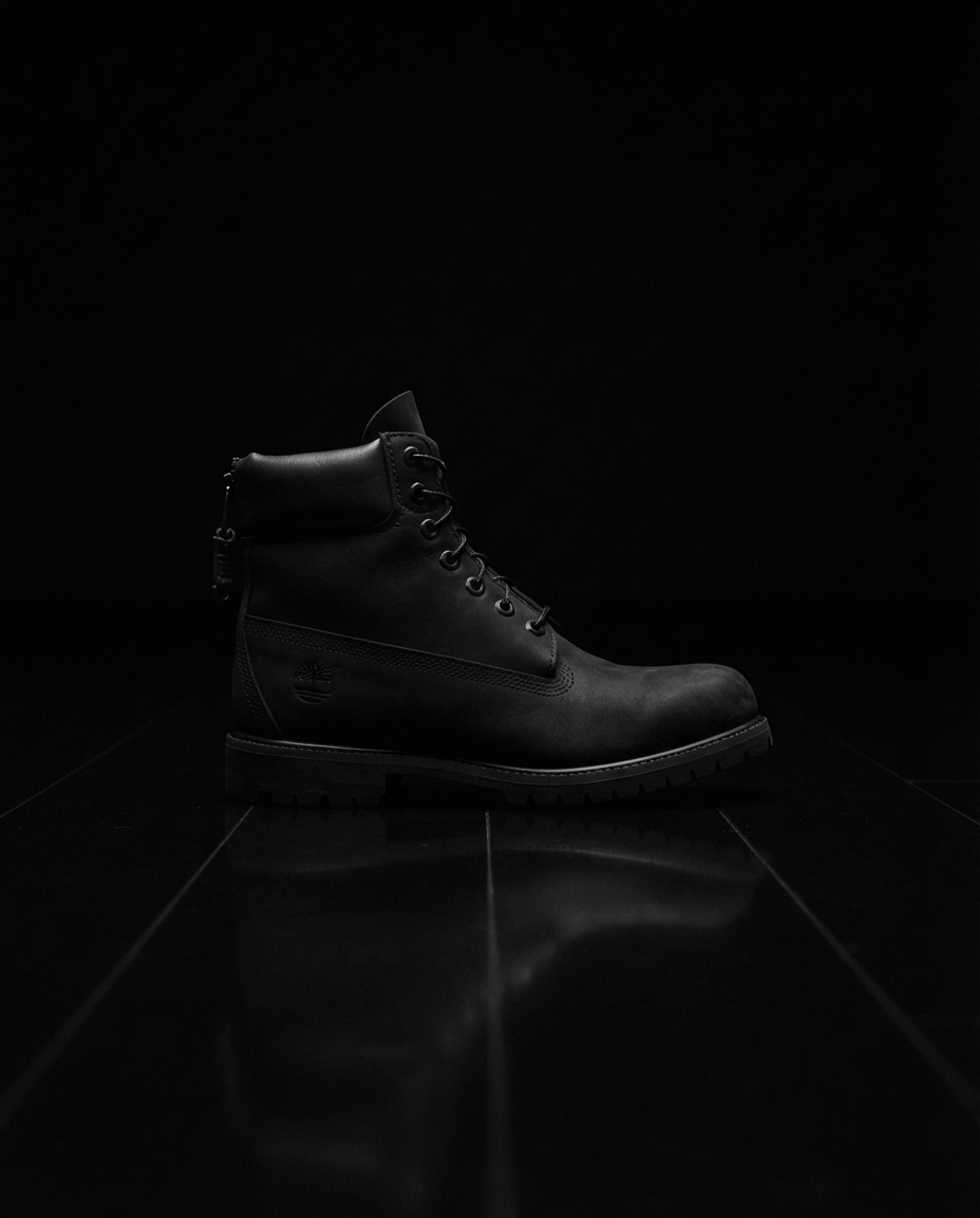 An all-black six-inch leather boot with a small black zip attachment at the ankle, photographed on a black lacquered floor in near darkness.