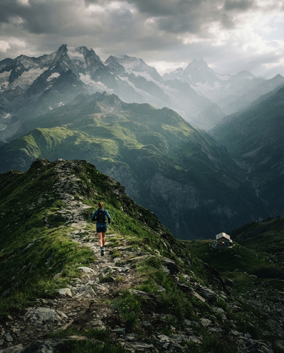 A trail runner cresting a green alpine pass with ridgelines folding into haze behind