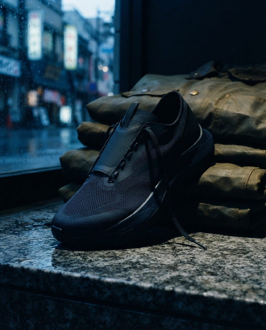 A navy and black knit running shoe on a wet granite ledge in front of folded olive workwear, rainy Tokyo street behind