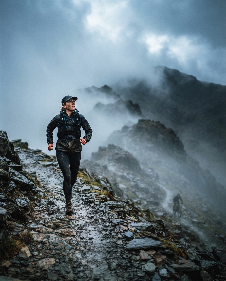 A runner climbing a steep rocky mountain path in cloud, a cyclist far below in the mist.