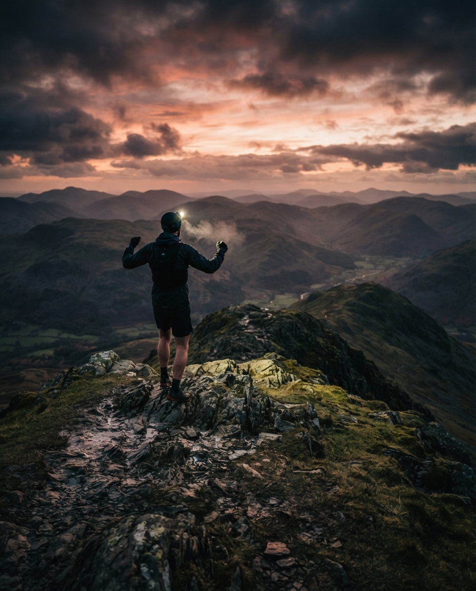 A fell runner silhouetted on a Lake District summit at dawn, headtorch still lit.