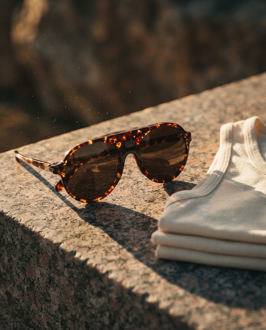 Tortoiseshell running sunglasses on sun-warmed granite beside a folded cream singlet