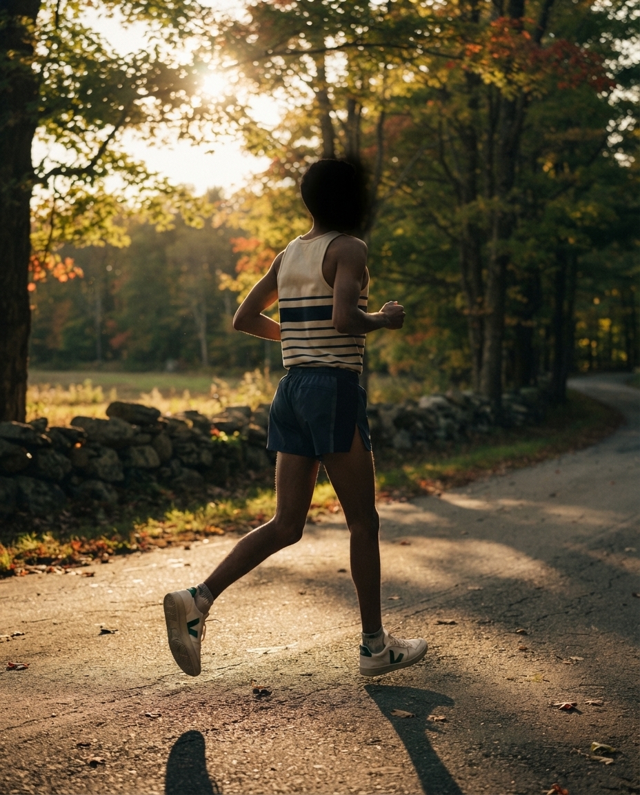 A runner in a striped singlet on an empty New England country road in low golden light