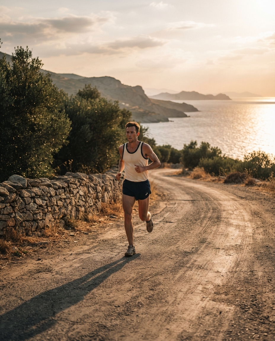 A runner on a dusty Greek coastal road at golden hour above the Aegean