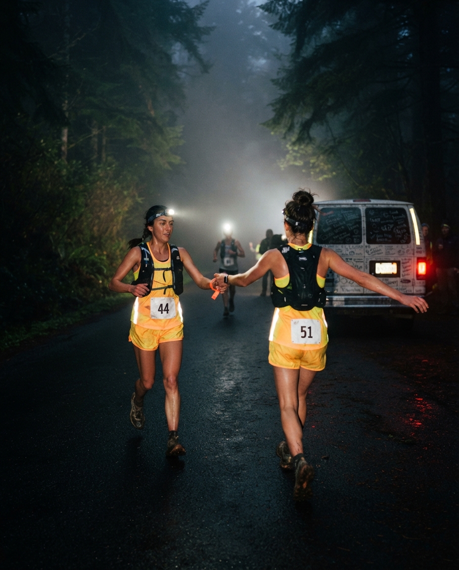 Two relay runners in matching singlets exchanging on a foggy forest road at night beside a decorated van
