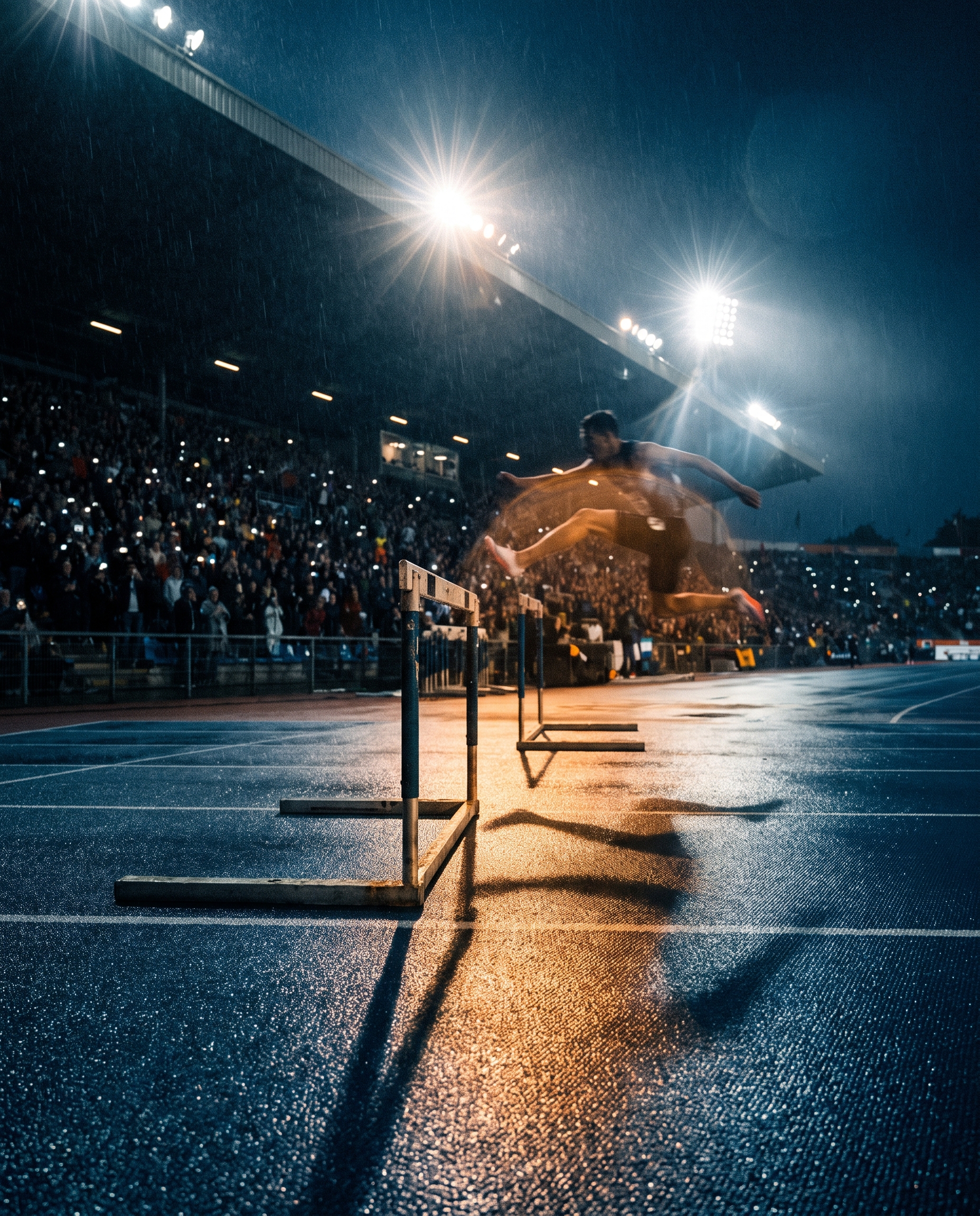 A lone hurdle on floodlit blue tartan at night, a sprinter blurred mid-flight behind it