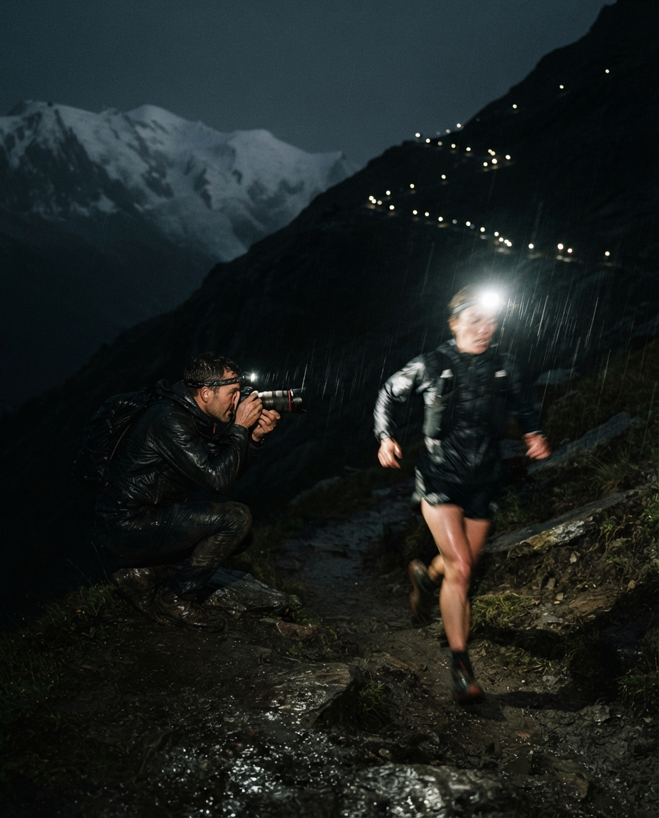 A photographer crouched on a wet alpine trail at night as a headlamp-lit trail runner blurs past