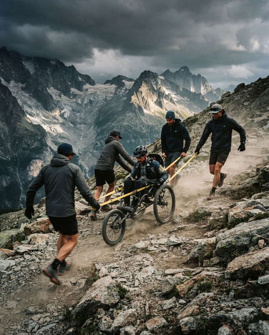 An all-terrain racing wheelchair on alpine singletrack with crew members flanking it