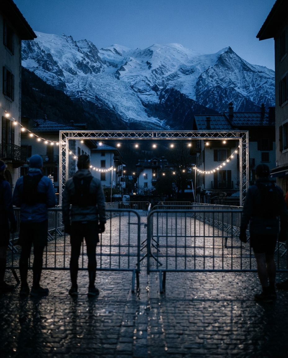 An empty starting corral behind steel barriers on a cobbled alpine street at blue hour, a glaciated massif behind.