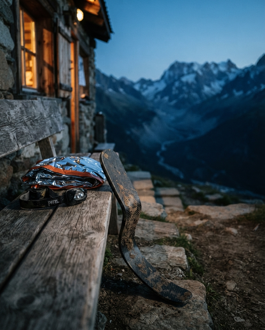 A running prosthetic blade resting against a wooden mountain refuge bench at dusk, mud dried into the carbon.