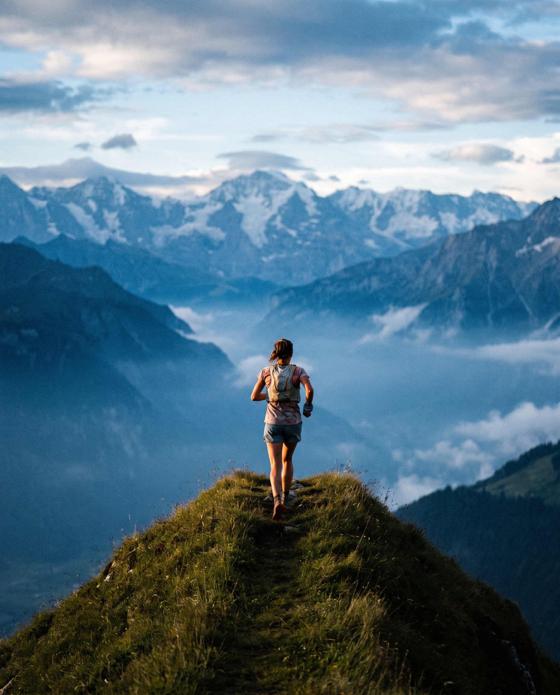 A lone trail runner on a grass ridge high above a valley of cloud, glaciated Alpine peaks on the horizon at first light.