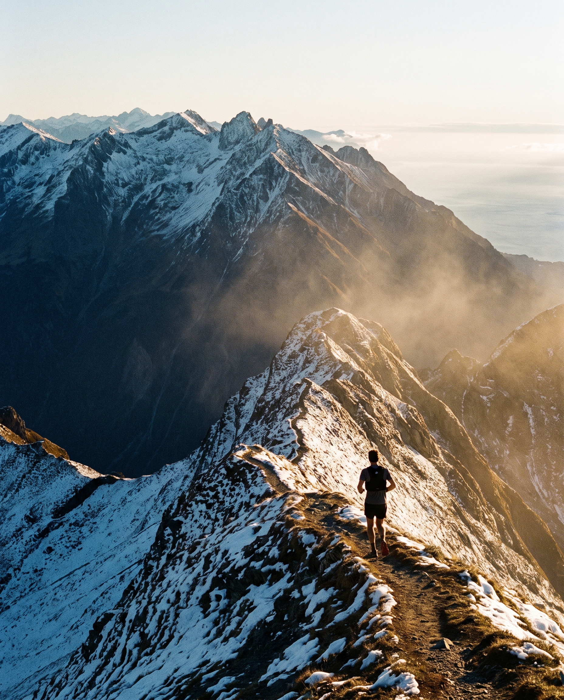 A lone runner on a snow-dusted Alpine ridge at dawn, sea on the horizon